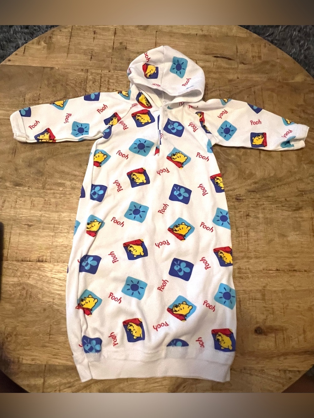 Vintage Pooh nb Hooded gown sleepers with Blue & Yellow Pooh Print cotton